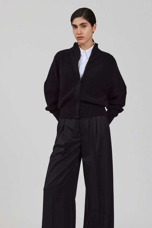 Cardigan bomber Minerva a costine inglesi con zip e maniche a pipistrello