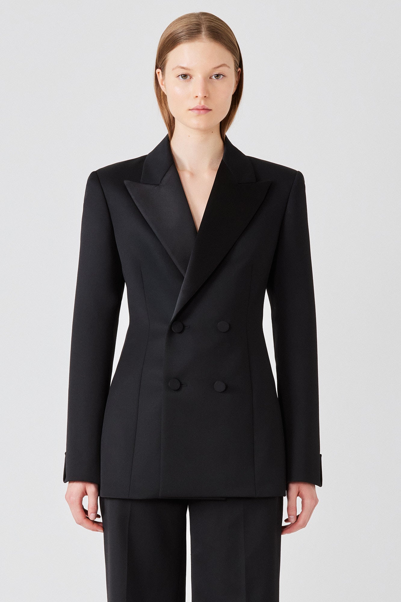 Tuxedo double breast jacket with silk revere