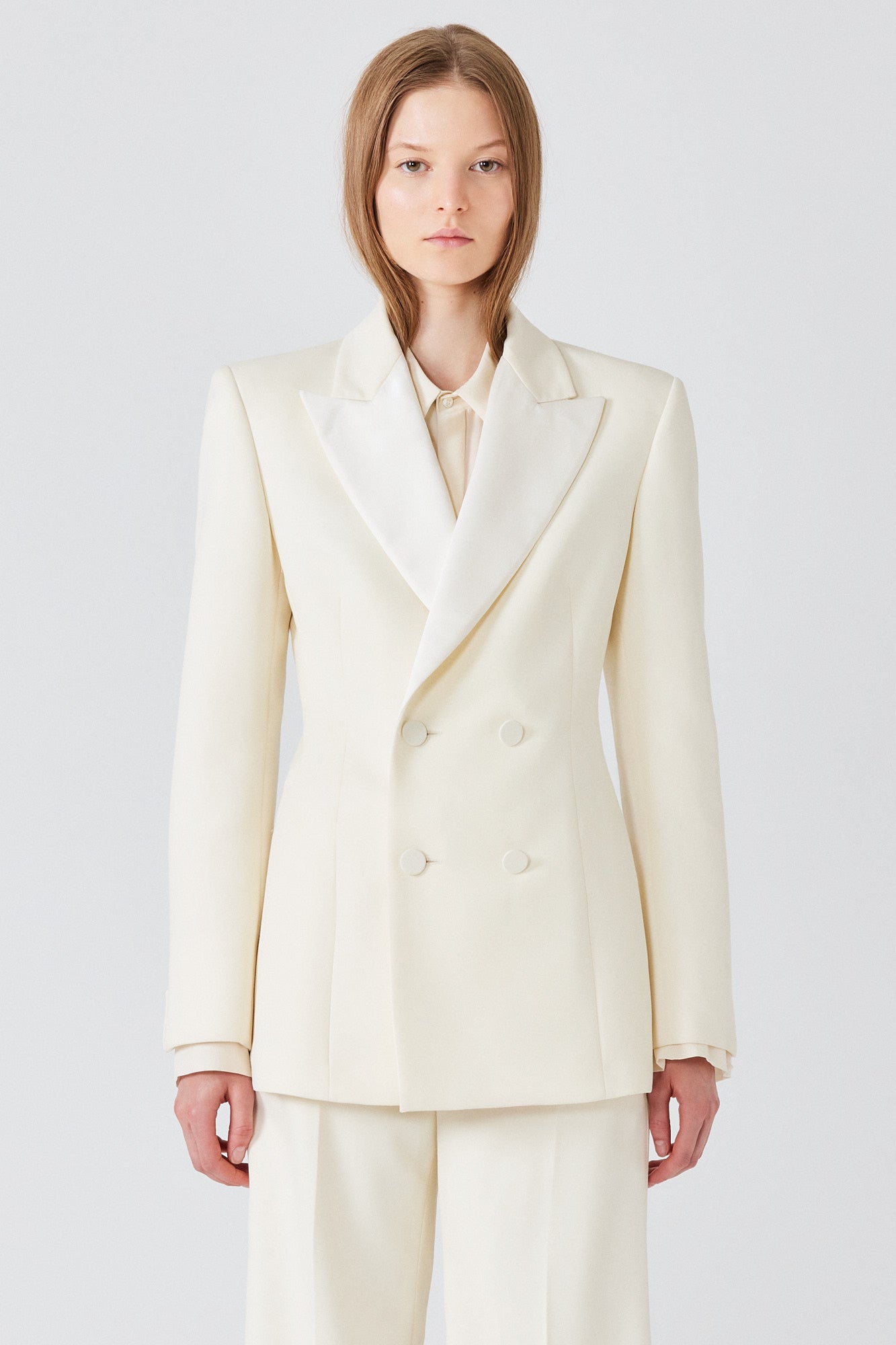 Tuxedo double breast jacket with silk revere