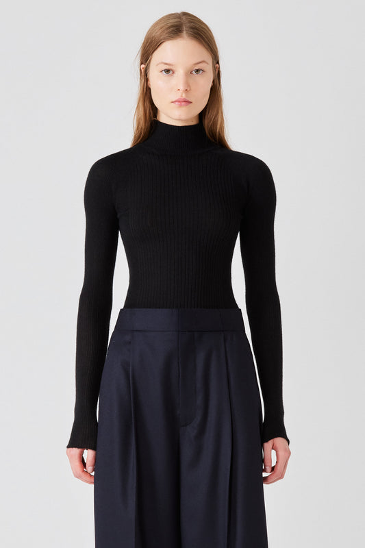 Maglione lupetto a coste in cashmere e seta