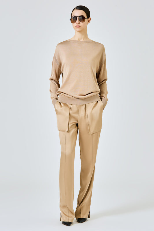 Viscose round neck sweater with back slit