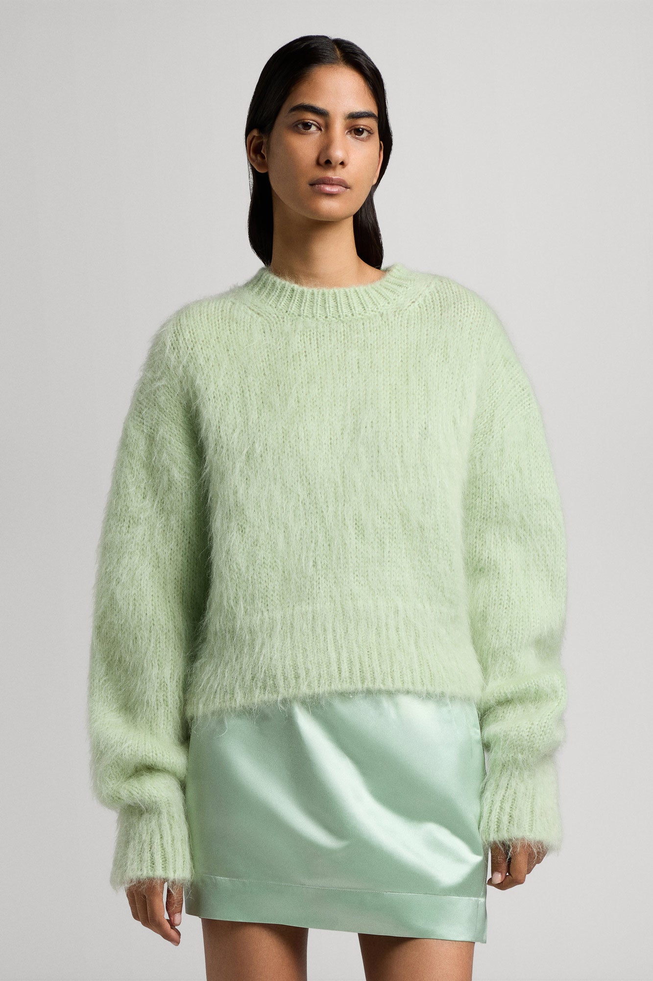 Cropped sweater with round neck in mohair