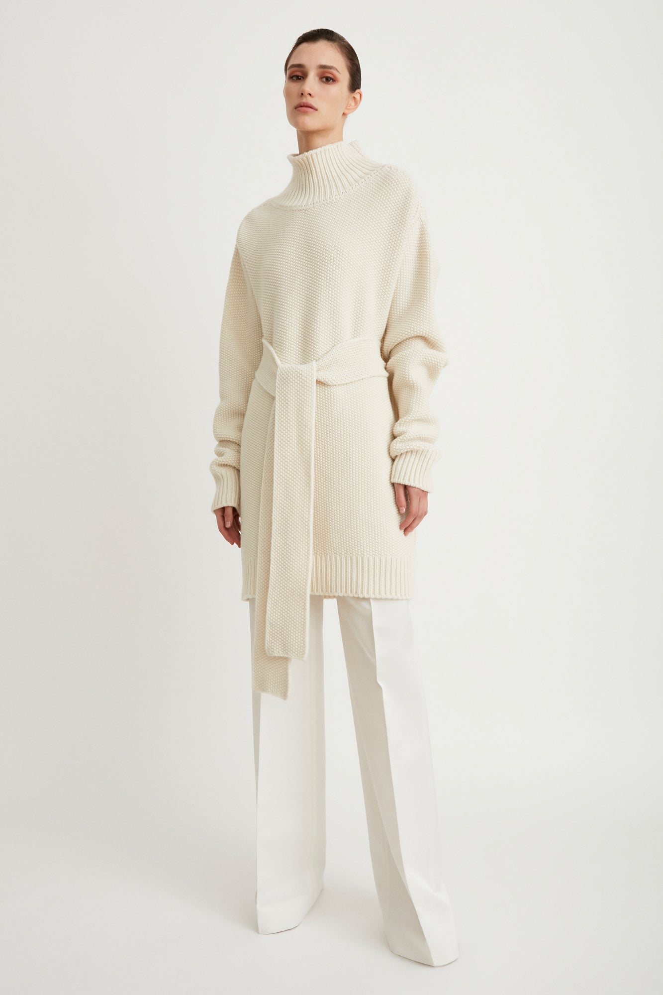 Belted turtleneck cashmere sweater dress