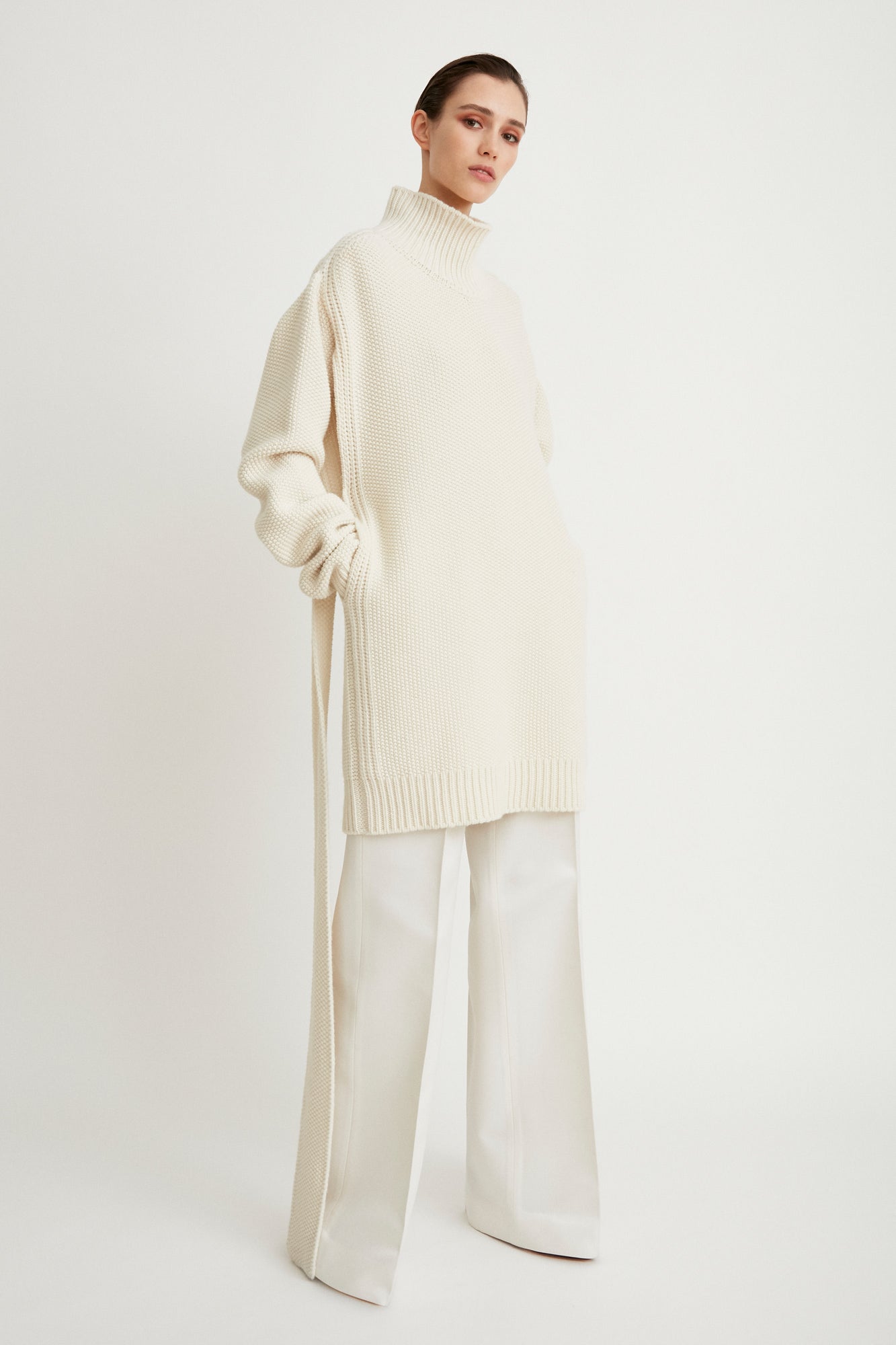 Belted turtleneck cashmere sweater dress