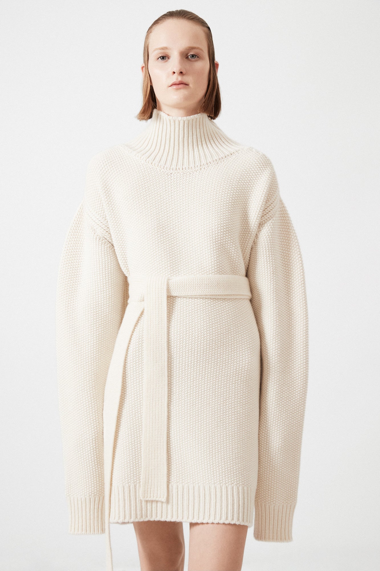 Belted turtleneck cashmere sweater dress