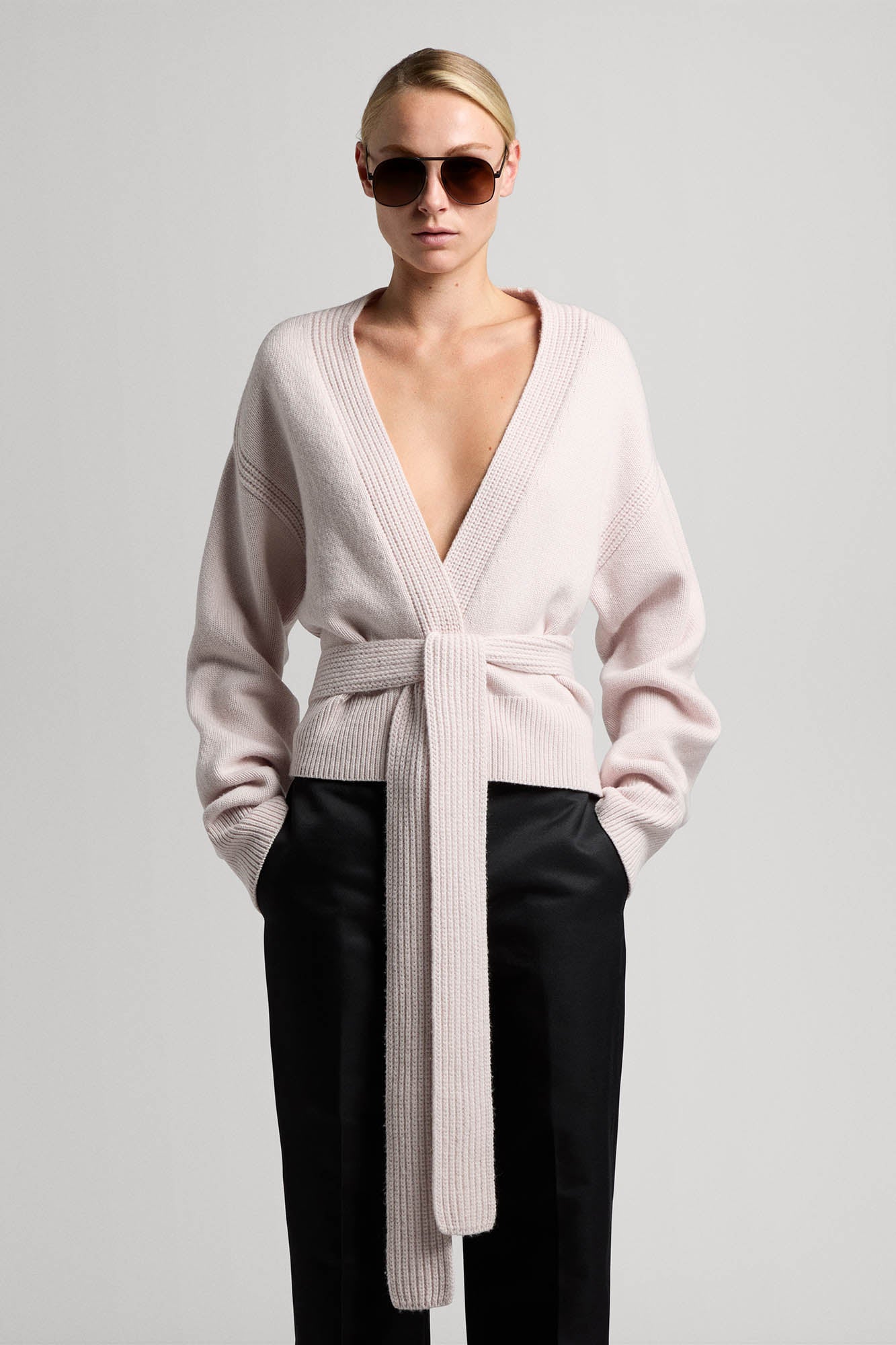 Sweater with deep v-neck and belt