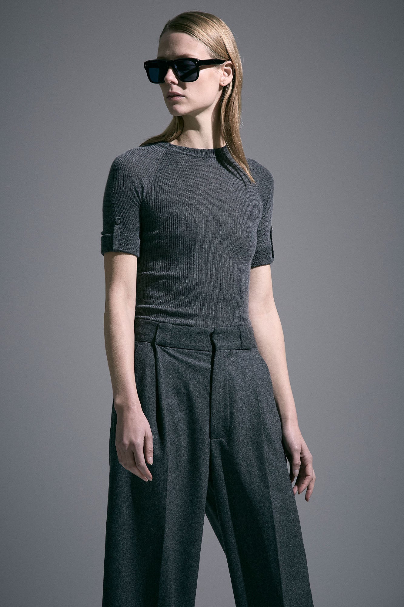 Ribbed cashmere silk round neck short sleeves
