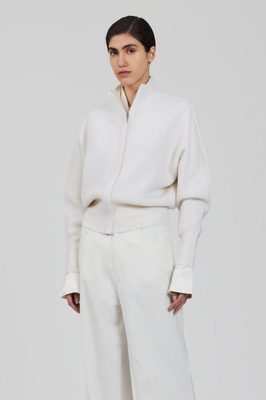 Cardigan bomber Minerva a costine inglesi con zip e maniche a pipistrello