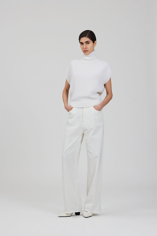 Maglione senza maniche a collo alto in misto cashmere a costa inglese