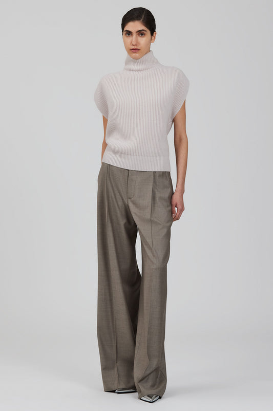 Maglione senza maniche a collo alto in misto cashmere a costa inglese