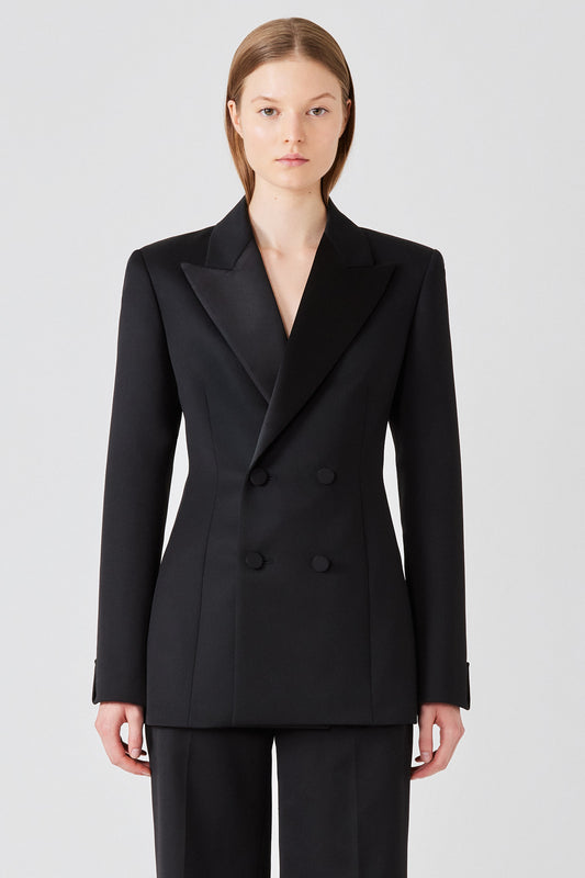 Tuxedo double breast jacket with silk revere