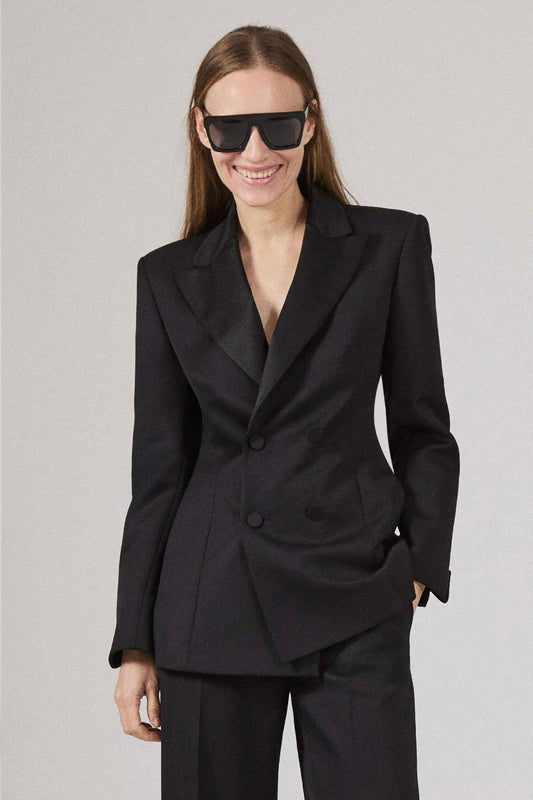 Tuxedo double breast jacket with silk revere