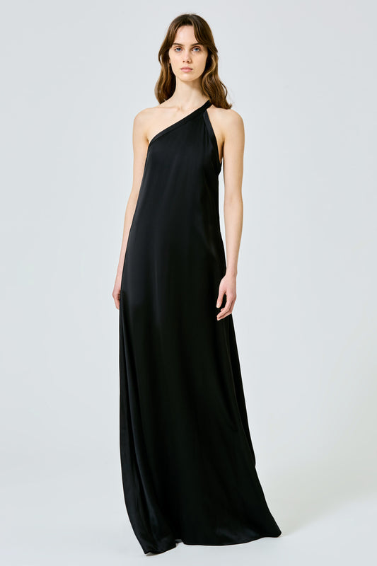 One shoulder long dress in double satin