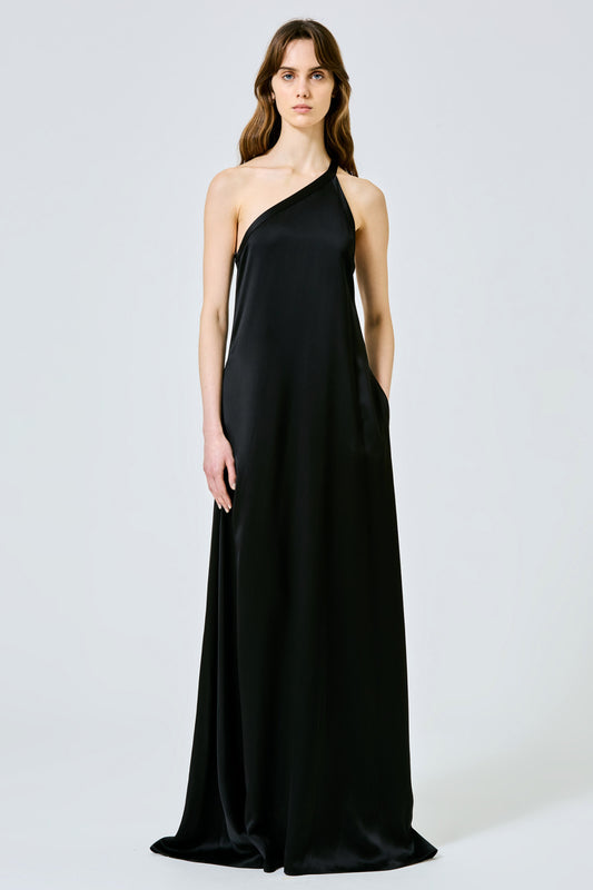 One shoulder long dress in double satin