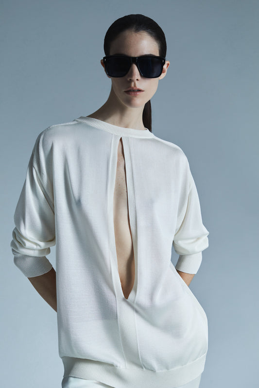 Viscose round neck sweater with back slit