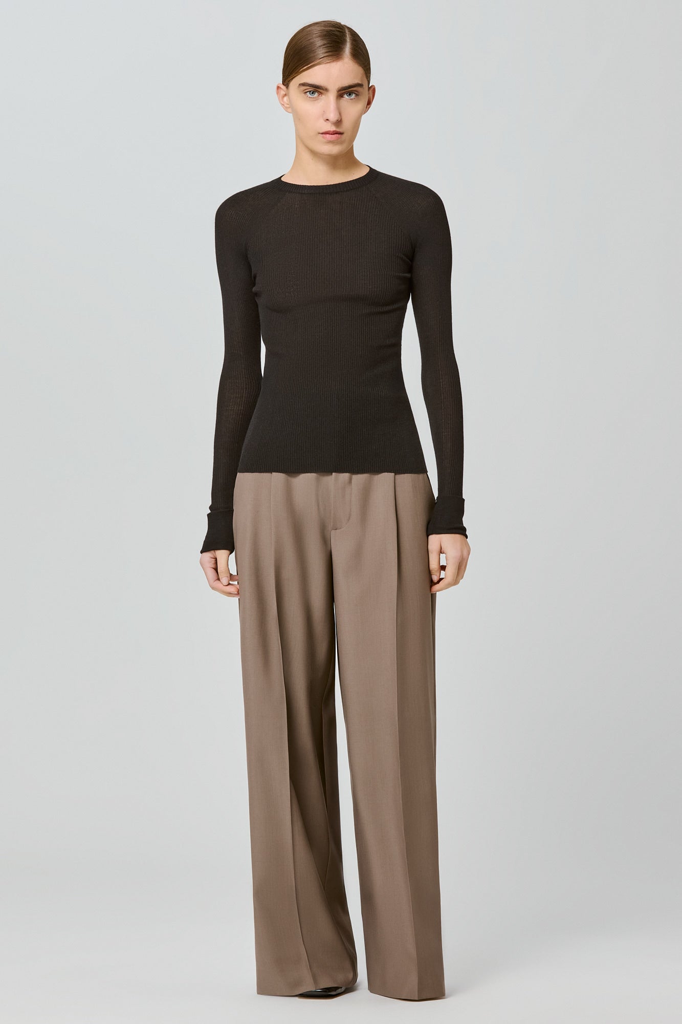 Ribbed cashmere silk round neck long sleeves