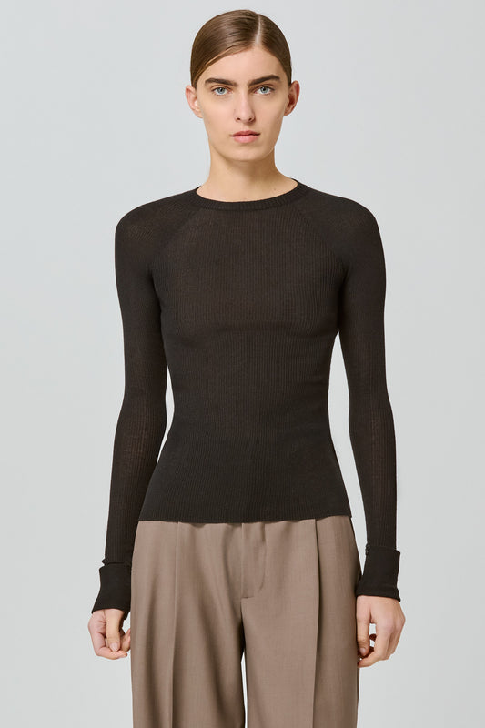 Ribbed cashmere silk round neck long sleeves