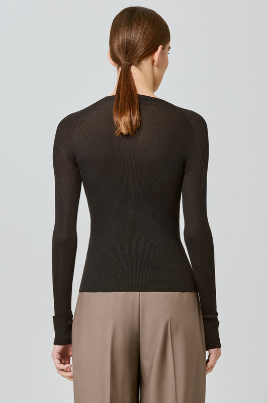 Ribbed cashmere silk round neck long sleeves