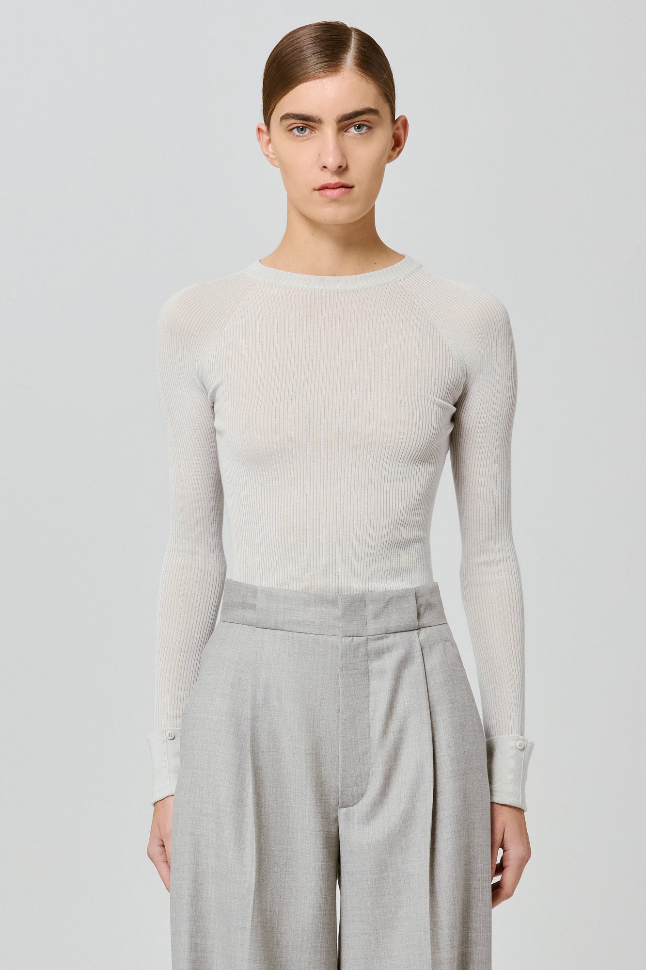 Ribbed cashmere silk round neck long sleeves