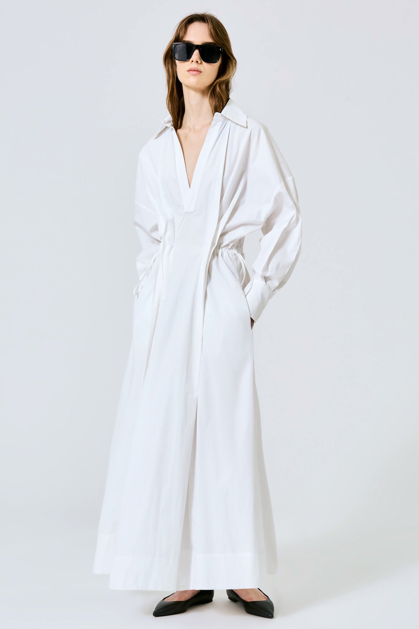 V-neck cotton poplin long dress