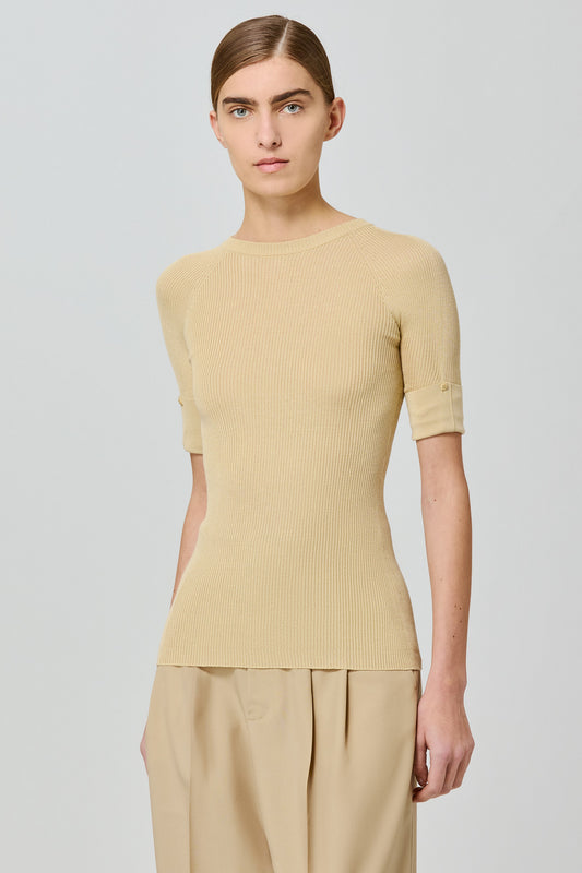 Ribbed cashmere silk round neck short sleeves