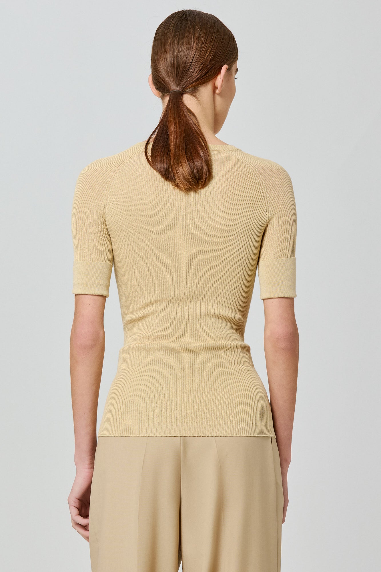 Ribbed cashmere silk round neck short sleeves