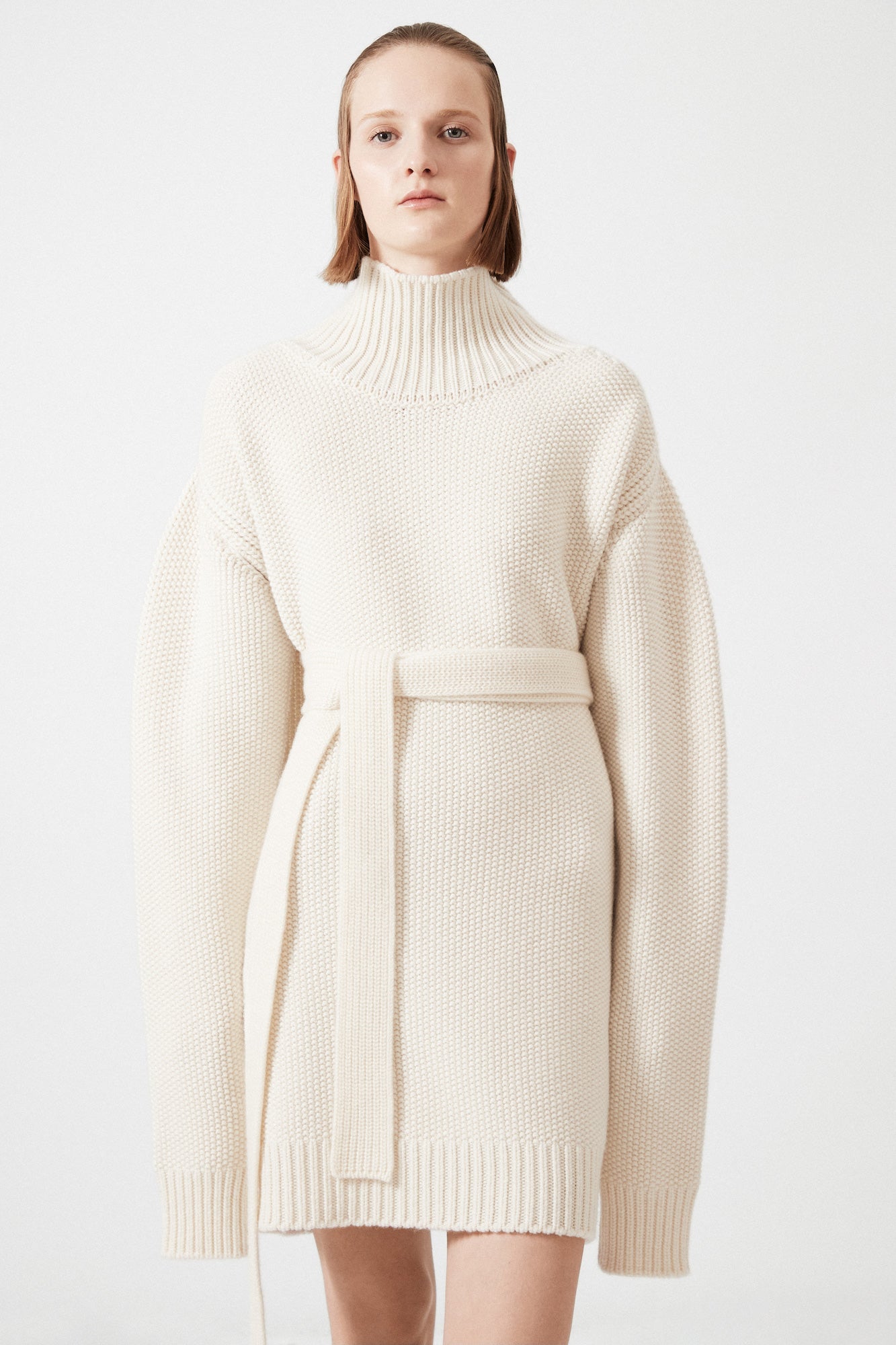 Belted turtleneck sweater dress