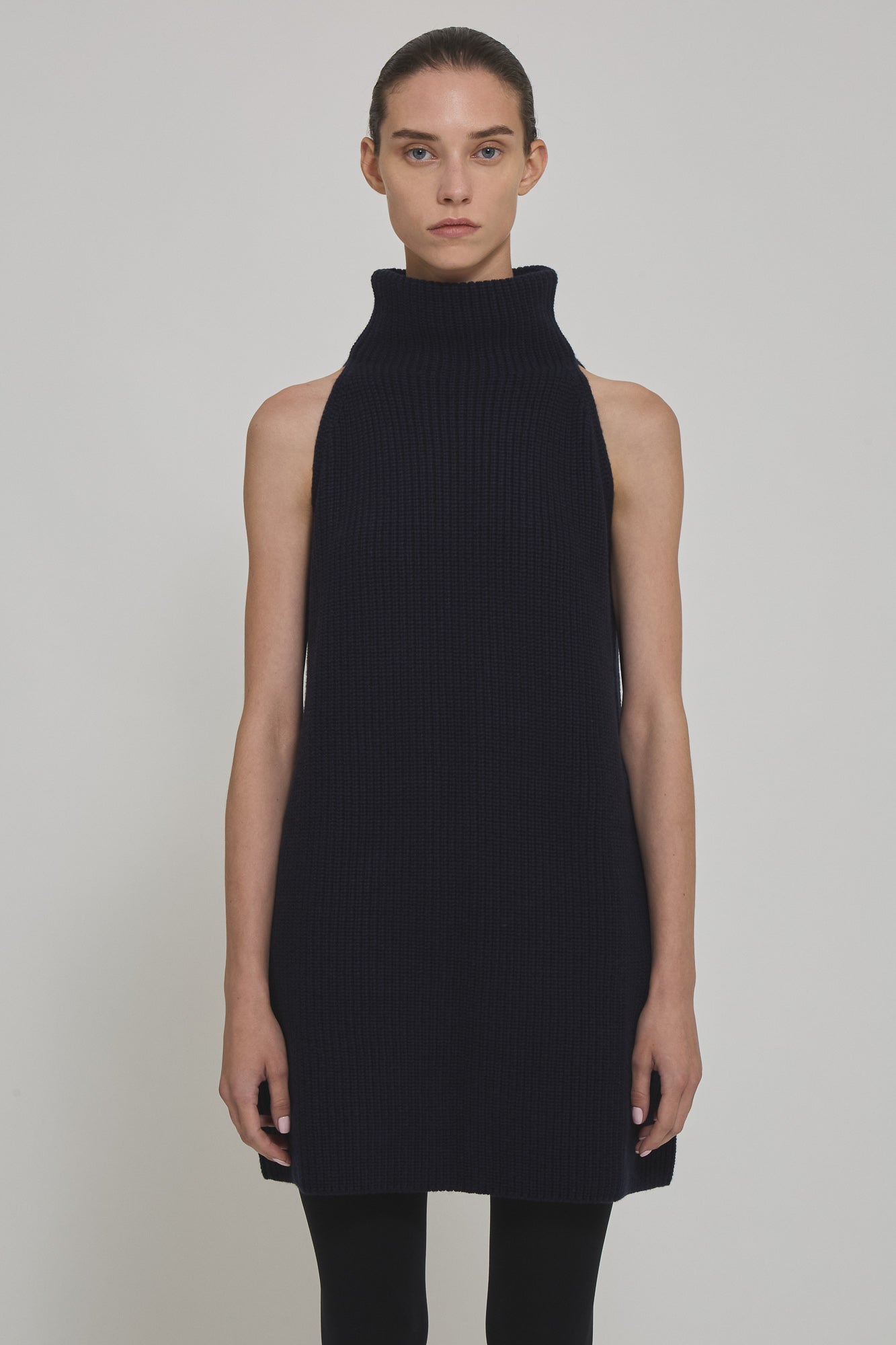 English ribbed marine cashmere sleeveless high neck dress