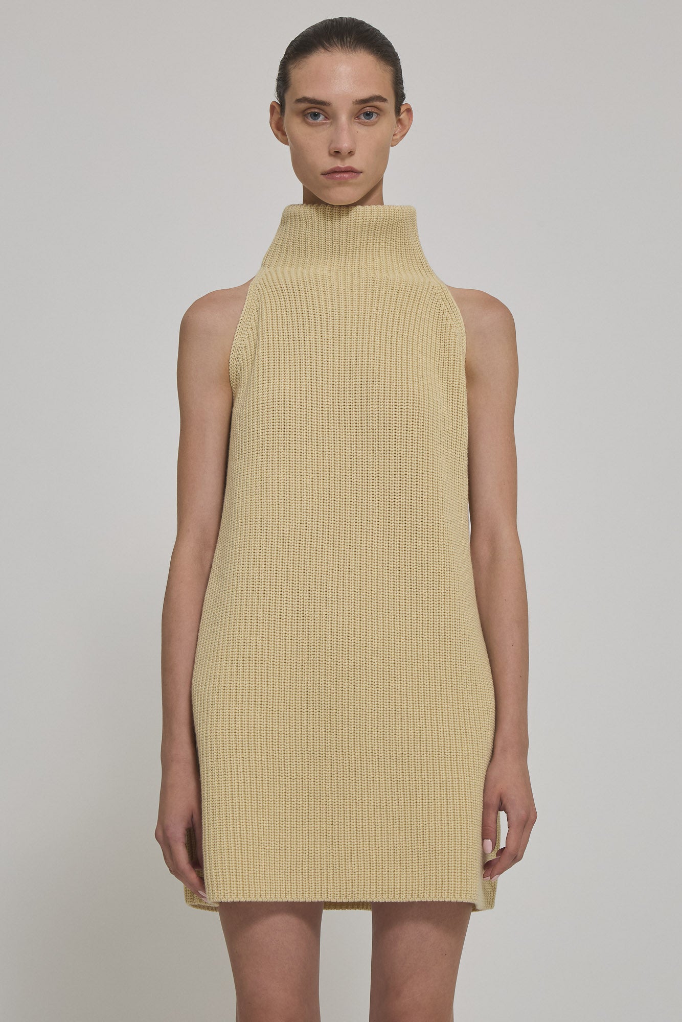 English ribbed marine cashmere sleeveless high neck dress