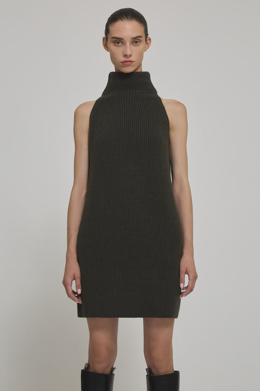 English ribbed marine cashmere sleeveless high neck dress