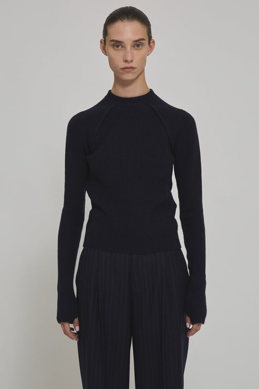 English ribbed marine cashemere round neck sweater