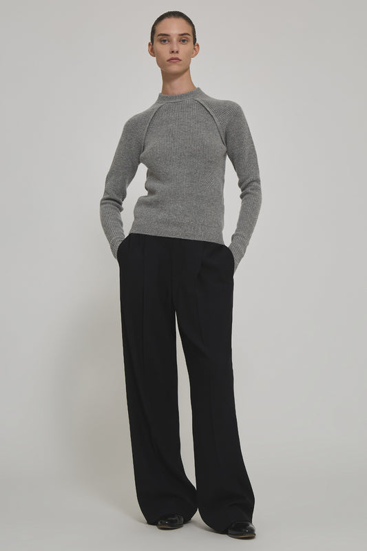 English ribbed marine cashemere round neck sweater