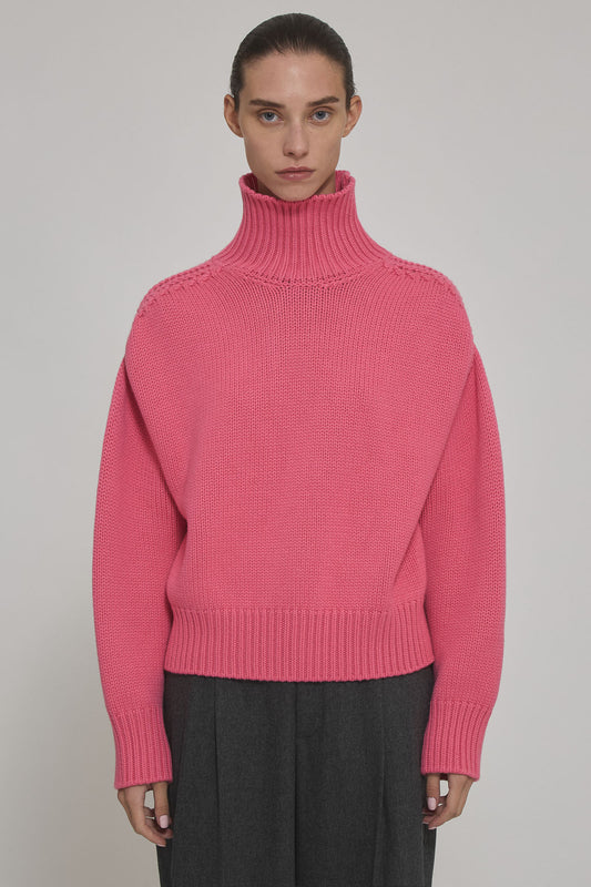 High neck cashmere sweater with back slit