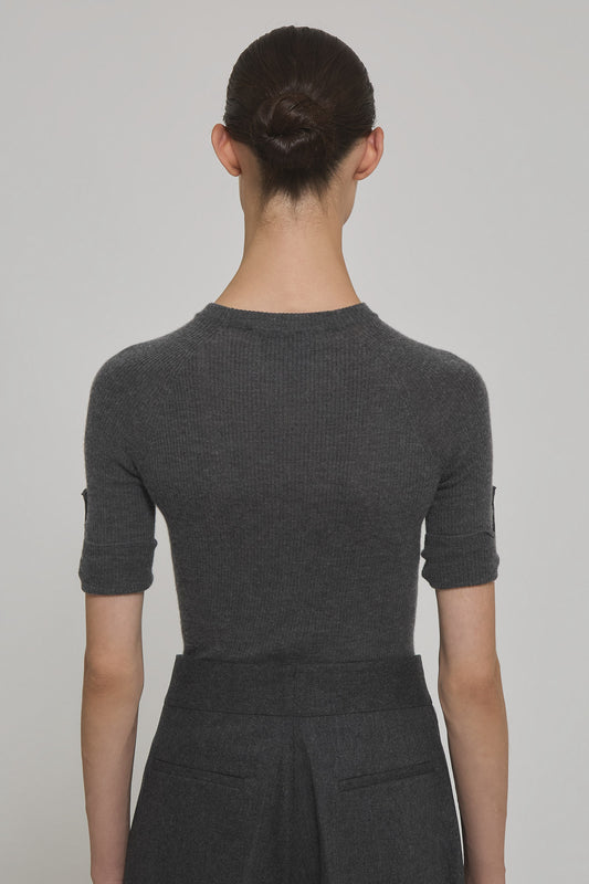 Ribbed cashmere silk short sleeve round neck