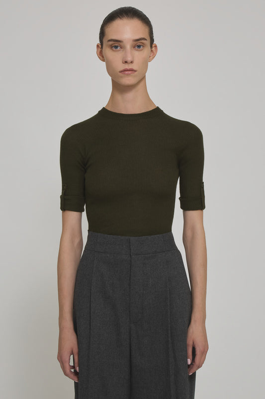 Ribbed cashmere silk short sleeve round neck