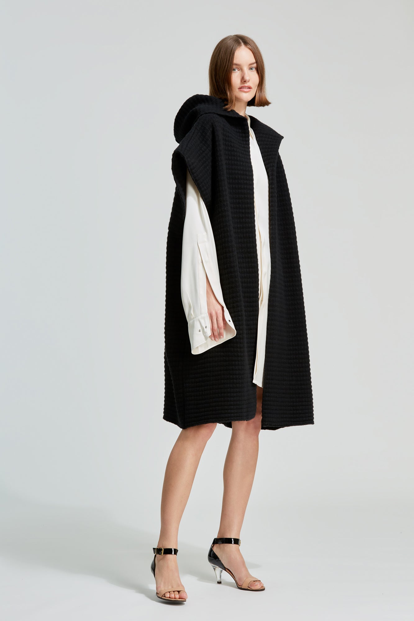 Stella cashmere blend sleeveless knit poncho with hood