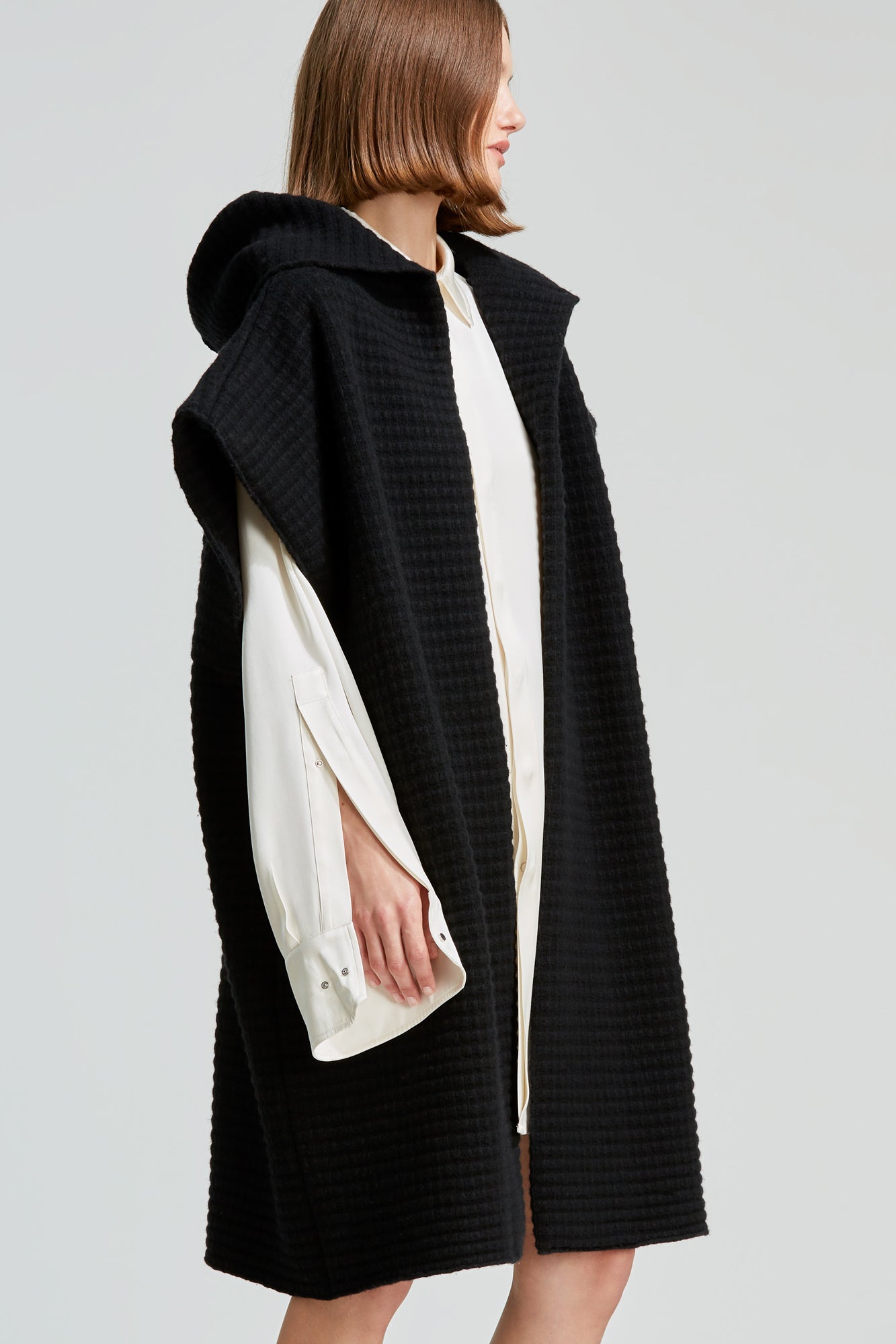 Stella cashmere blend sleeveless knit poncho with hood